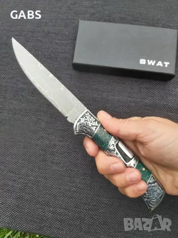 Сгъваем фосфоресциращ нож,дамаска стомана с гравирана дръжка SWAT, снимка 11 - Ножове - 49867746