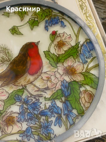 Ръчно рисуван витраж с червеношийка 📐 13,5 см. , снимка 3 - Антикварни и старинни предмети - 50680616