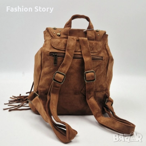 Велурена дамска раница с ресни и метални нитове – бохо стил и практичност, снимка 6 - Чанти - 52459114