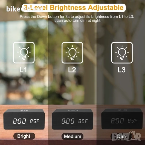 MIOBLUE будилник Дървен  18W безжично зареждане аларма температура ЧЕТЕТЕ ОПИСАНИЕТО, снимка 2 - Друга електроника - 50829058
