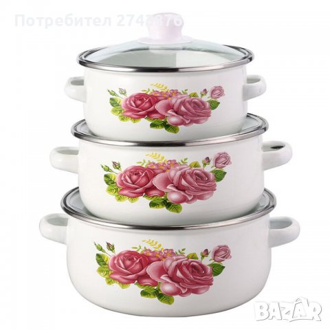 К-Т EМАЙЛИРАНИ ТЕНДЖЕРИ 3 БРОЯ     -ДЕКОР ЦВЕТЯ,ИНДУКЦИЯ , снимка 1