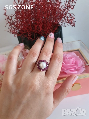 СРЕБЪРЕН ПРЪСТЕН С ПЕРЛИ, ОБКРАЧЕНИ ОТ САПФИРИ ИЛИ РУБИНИ, ТАЙЛАНД, снимка 3 - Пръстени - 52317817