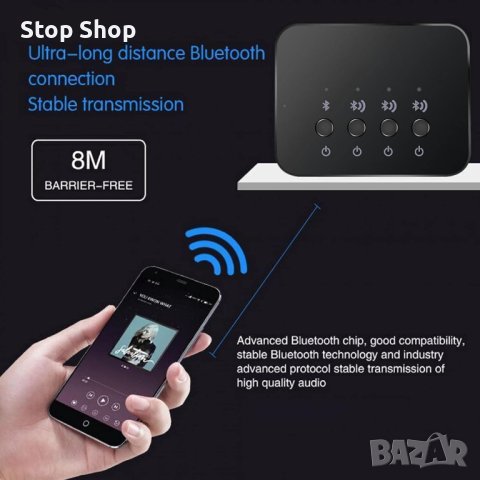Ejoyous BW-107 Bluetooth сплитер, аудио Bluetooth адаптер 1 в 3 изход, Bluetooth 4.0 предавател, при, снимка 4 - Ресийвъри, усилватели, смесителни пултове - 43941443