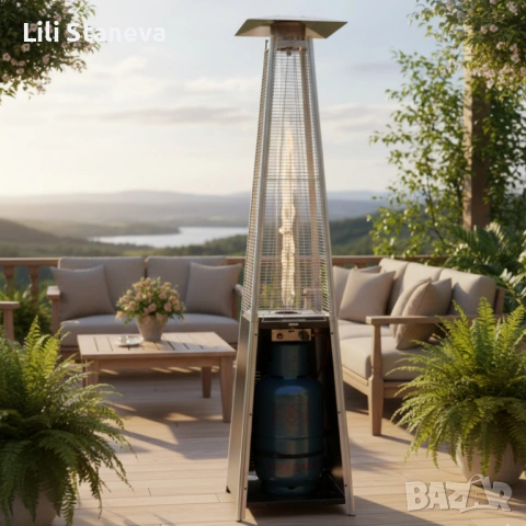 Газов отоплител-чадър 13 kW, 227 см – външен газов отоплител с калъф и защити + маймунка. 