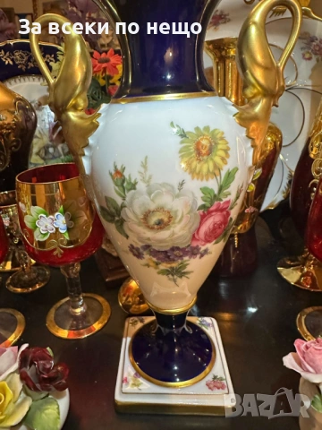 A. K. “Kaiser" Germany  "Echt Scharffeuer Kobalt" “Изящната ваза” дръжки от злато Код P1853, снимка 13 - Вази - 53278615