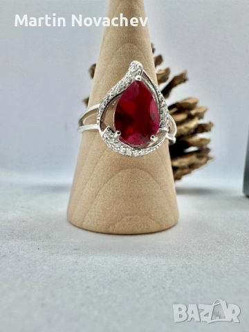 Сребърен пръстен със синтетичен рубин, снимка 4 - Пръстени - 53438219