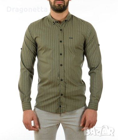 Мъжка зелена риза на черни райета-1 брой, Дължина ръкав-65см, дължина 75см,широчина гръб 52см,яка 43, снимка 5 - Ризи - 35130871