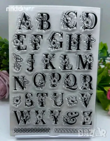 Латиница с цветя големи букви азбука силиконов гумен печат декор бисквитки фондан Scrapbooking