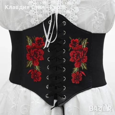 Красив кожен ластичен колан с бродирани рози - S ,размер, снимка 4 - Колани - 48232028