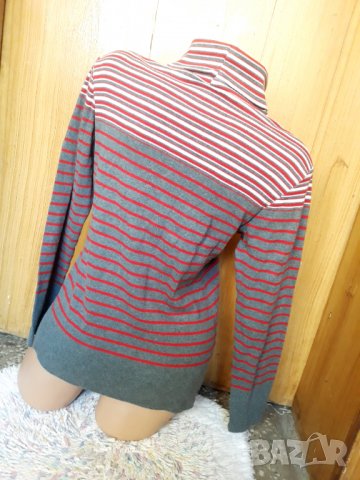 Сиво-бяло памучно дебело поло на червено райе М, снимка 3 - Блузи с дълъг ръкав и пуловери - 35052137