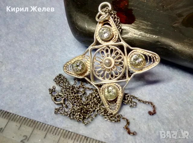 СТАР ФИЛИГРАНЕН ПОСРЕБРЕН МЕДЕН МЕДАЛЬОН с АКВАМАРИН и СРЕБЪРНА ВЕРИЖКА с НУЖДА от ЛЕК РЕМОНТ 44833