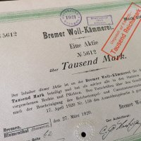 Акция за 1000 марки | Bremen Woll-Kämmerei | 1920г., снимка 3 - Други ценни предмети - 27887748