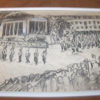 Манифестация пред мавзолея, стара соц рисунка с молив, снимка 1 - Картини - 38817112