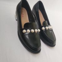 НОВИ Черни кожени елегантни обувки с перли, снимка 3 - Дамски елегантни обувки - 40488526