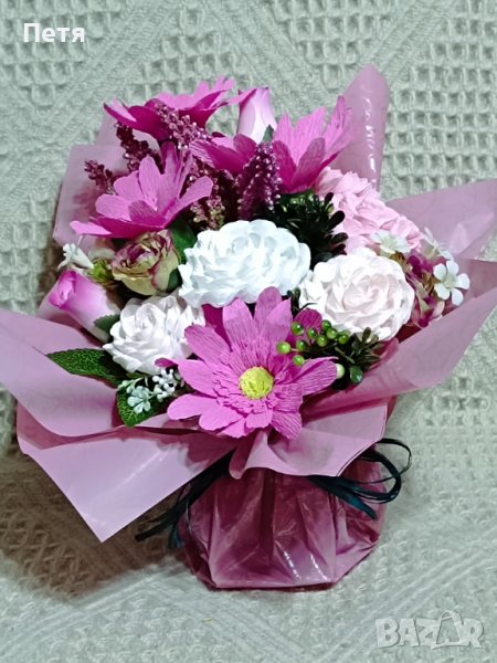 Букет с хартиени цветя в розово за имен ден, за рожден ден, снимка 1