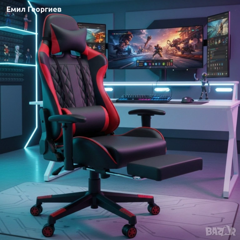 Ергономичен геймърски стол с функция за масаж и подложка за крака - червен, снимка 1