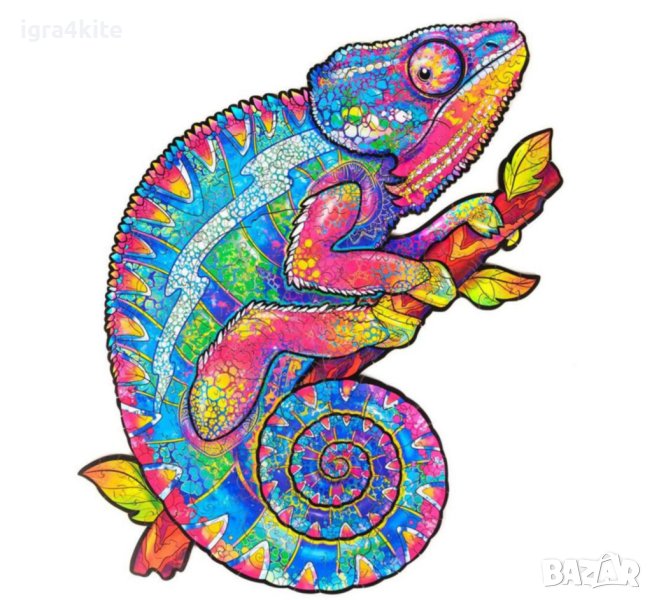 Дървен пъзел животни Хамелеон извит / А4 формат Размер М / 27 модела, снимка 1