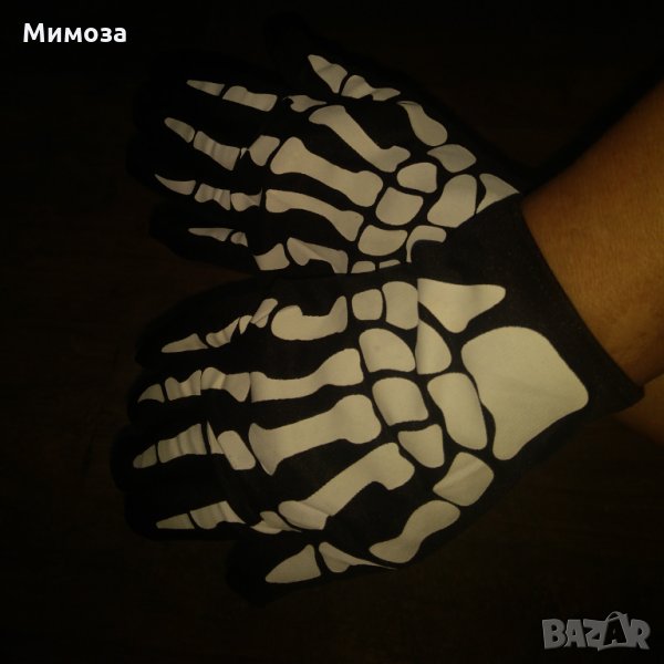 Черни елегантни ръкавици с пет пръста с щампа на скелет за Хелоуин, снимка 1