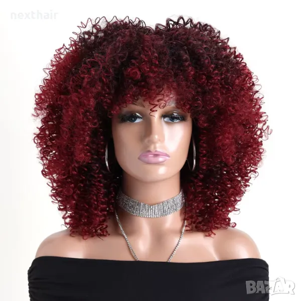 Тъмно червена афро къдрава омбре перука с тъмни корени, снимка 1