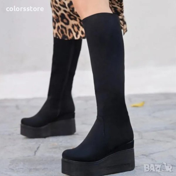 Ботуши на платформа - черен велур с черно ходило - 136K, снимка 1