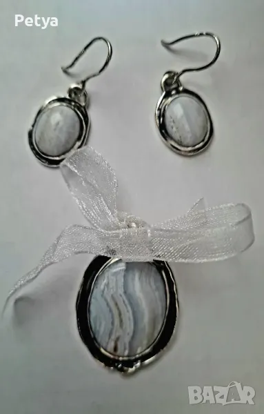 Авторски сребърни бижута, комплект, естествен камък халцедон - Синя дантела, снимка 1