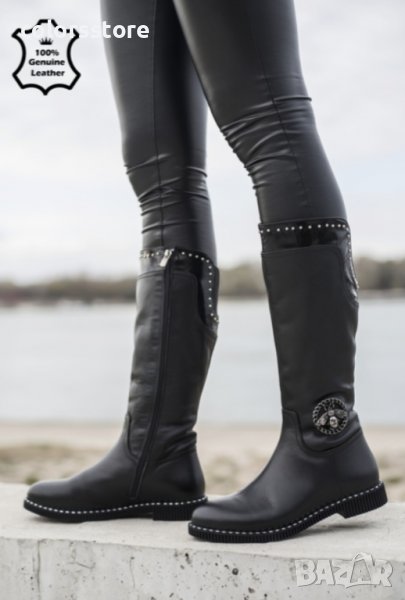 Равни ботуши - черна ЕСТЕСТВЕНА кожа - 235-7, снимка 1