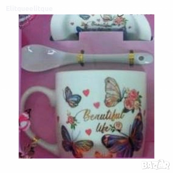 Комплект керамична чаша с лъжичка и чинийка, снимка 1