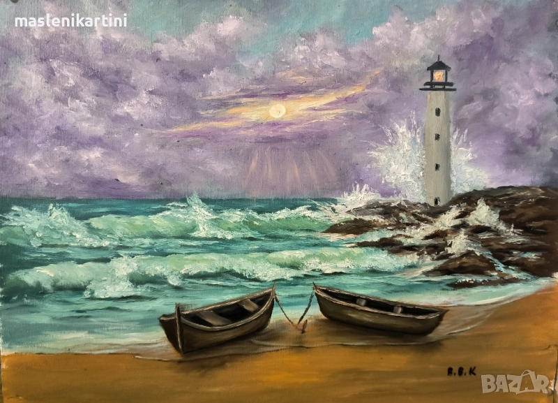 Морски пейзаж с фар и лодки маслена картина , снимка 1