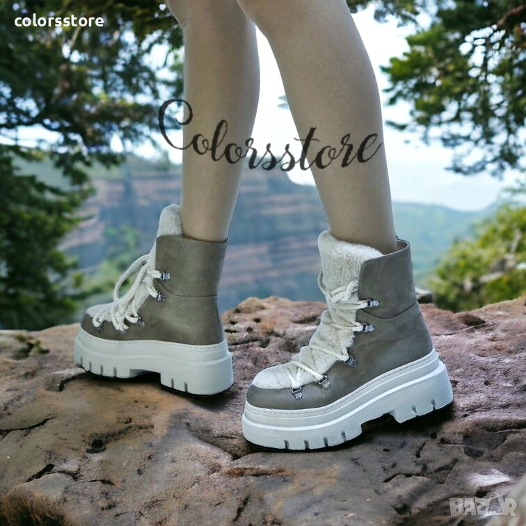 Боти на платформа - кафяв велур с бежов пух - BPUH1, снимка 1