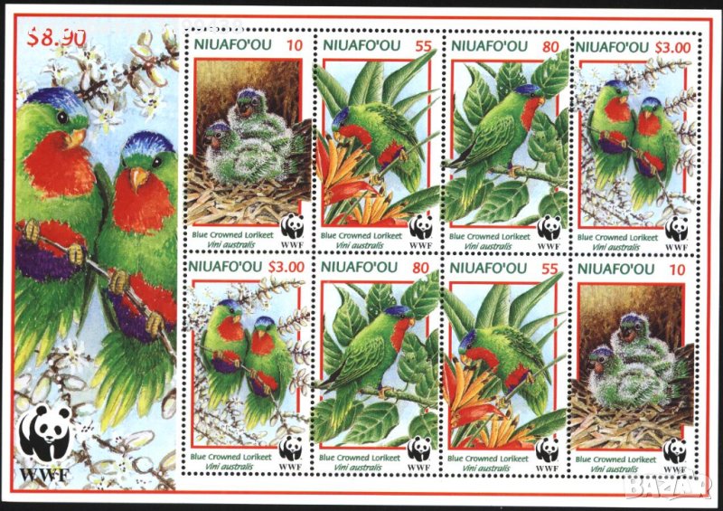 Чисти марки мал. лист WWF Птици Папагали 1998 Ниуафу Тонга, снимка 1