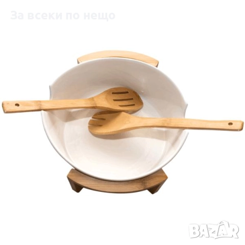 Керамична купа за сервиране с поставка от бамбук Код P1745, снимка 4 - Съдове за готвене - 52980479