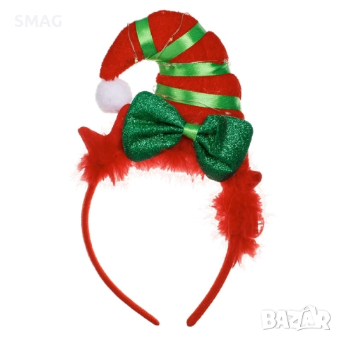 Коледна диадема с шапка на елф в червено и зелено райе, със светлина_1255085, снимка 2 - Шноли, диадеми, ленти - 52707260