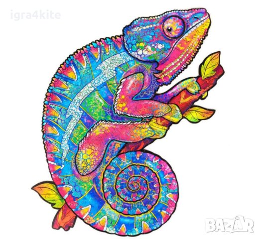 Дървен пъзел животни Хамелеон извит / А4 формат Размер М / 27 модела