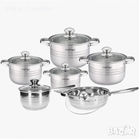 Комплект съдове за готвене, Cheffinger, 12 части, неръждаема стомана, за всички видове котлони, 3-сл, снимка 4 - Съдове за готвене - 52042809