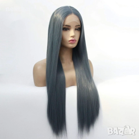 Модерна синьо-сива права перука - 80 см с лейс фронт 13×4, снимка 4 - Аксесоари за коса - 52729781