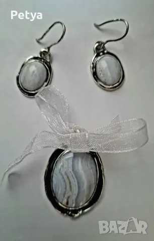 Авторски сребърни бижута, комплект, естествен камък халцедон - Синя дантела