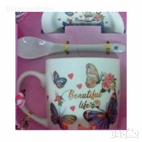 Комплект керамична чаша с лъжичка и чинийка