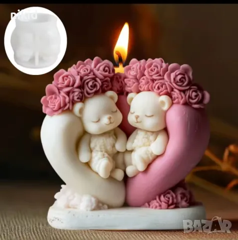 3D 2 мечета седнали в сърце с рози Силиконов молд фрома фондан свещ гипс сапун Свети Валентин, снимка 5 - Форми - 48952039