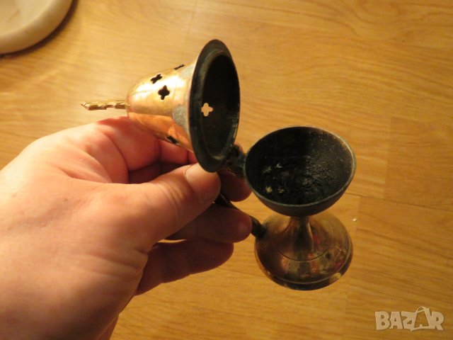 Старинно бронзово кадило, тамянник с дебела патина и кръст  13 см, 1914 г, Царство България - за кол, снимка 4 - Антикварни и старинни предмети - 39877368