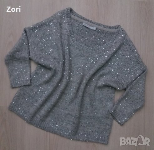 Светлосива блуза рехаво памучно плетиво със сребристи пайети, снимка 1 - Блузи с дълъг ръкав и пуловери - 32476870