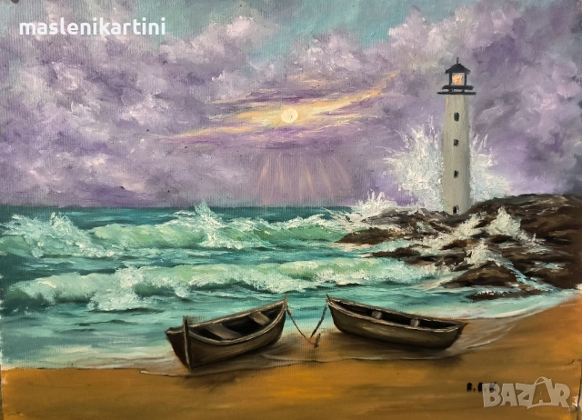 Морски пейзаж с фар и лодки маслена картина 