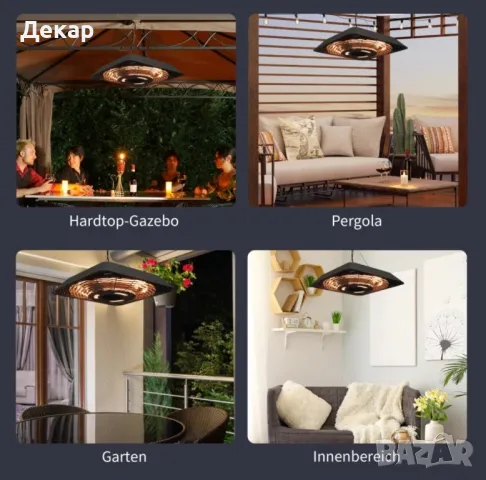 Таванен нагревател с  5 режима ,за вътрешен двор с дистанционно управление LED светлина . Черен , снимка 7 - Отоплителни печки - 48550418