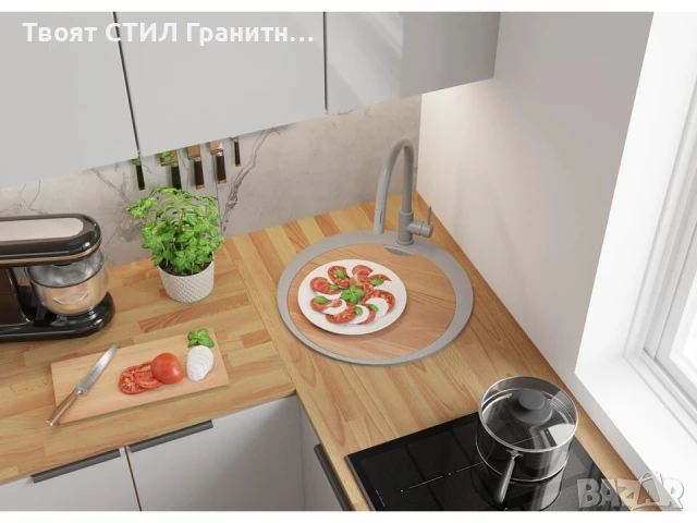 Сива кръгла кухненска гранитна мивка Пиза 50 Top 530 x 530 мм, снимка 5 - Мивки - 51286309
