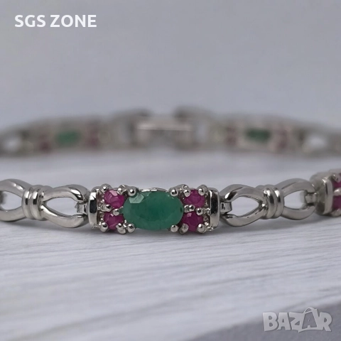 Ръчно изработена сребърна гривна с изумруди и рубини