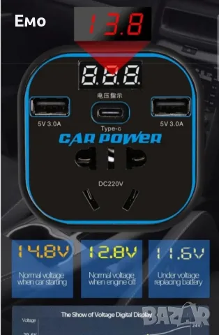 Преобразувател за захранване, адаптер за зарядно за кола с 3.0A двоен USB и Type-C,12V/24V към 220V, снимка 3 - Аксесоари и консумативи - 48462605