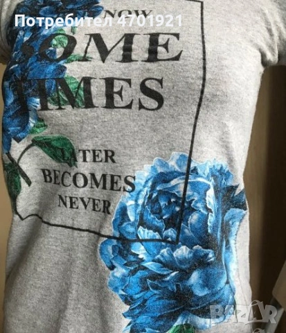 Сива дамска тениска със сини цветя, снимка 4 - Тениски - 53216281