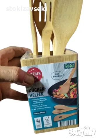 Екологичен комплект бамбукови кухненски прибори с поставка, снимка 3 - Други - 48870126