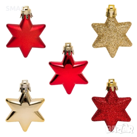Комплект коледни звездички за елха, червени и златисти с брокат, 5 см – 9 бр._1198777