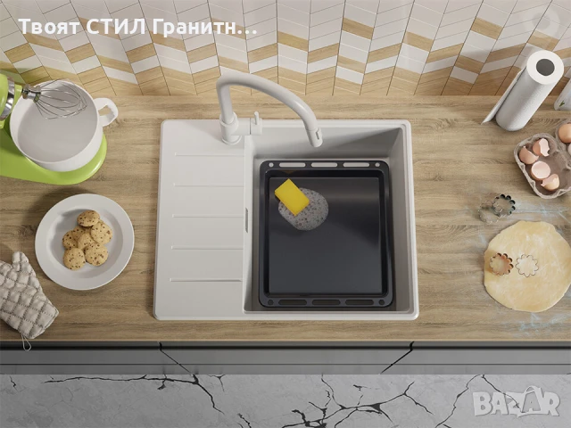 Бяла кухненска гранитна мивка Копенхаген 50 Top 620х500, снимка 6 - Мивки - 51299468