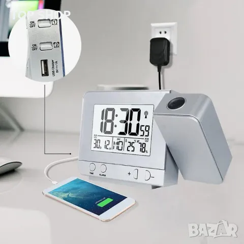 Прожекционен часовник с термометър, влагомер, USB слот,календар и будилник , снимка 7 - Стенни часовници - 49249841